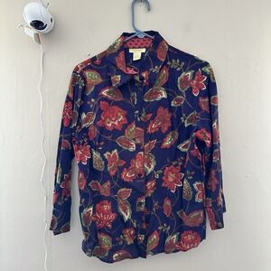 Pour Elle Womens Floral Button Up Blouse Size M Cotton Office Mature Blue Red